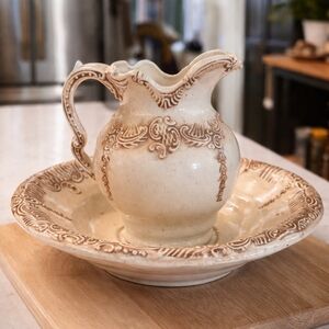 Vintage Cream and Brown Ceramic Pitcher and Basin Set